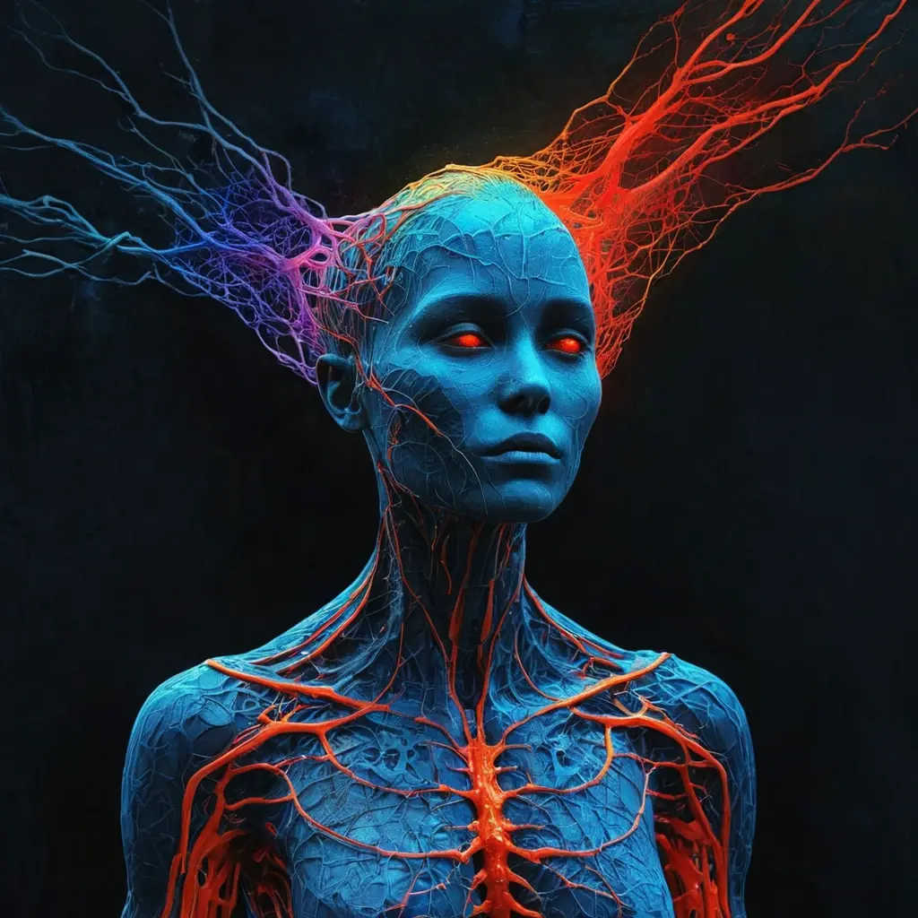 zdzislaw beksinski, (Infrared:1.2), ultra detailed, intricate, oil on canvas, Beautiful cyborg robot WOMAN ((realistic, ultra sharp)), beksinski style painting, CYBERPUNK GOTHIC ESTHETIC, satanic cross, full body in frame, centered body, realistic, dynamic pose, perfect face, perfect eyes, sharp focus, rainbow bloody veins growing and intertwining out of the darkness, oozing thick neon rainbow blood, veins growing and pumping blood, nailed wire, Hypercube, sparks, lensflare, shattered universe