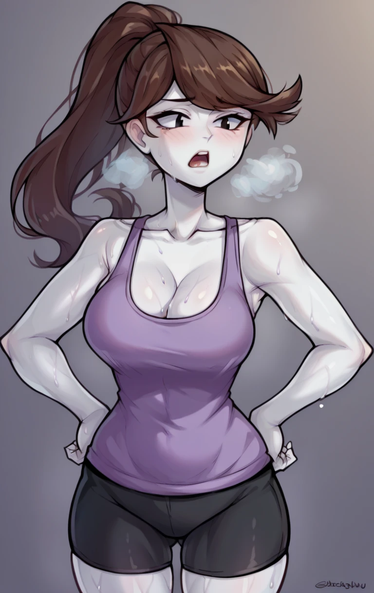 score_9,score_8_up,score_7_up BREAK jaidenSDXL,1girl,long hair, ponytail, brown hair,black eyes,shirt,cleavage,collarbone, black yoga shorts, white skin, purple tanktop, cowboy shot, gym background, out of breath, sweaty, open mouth, hands on hips 