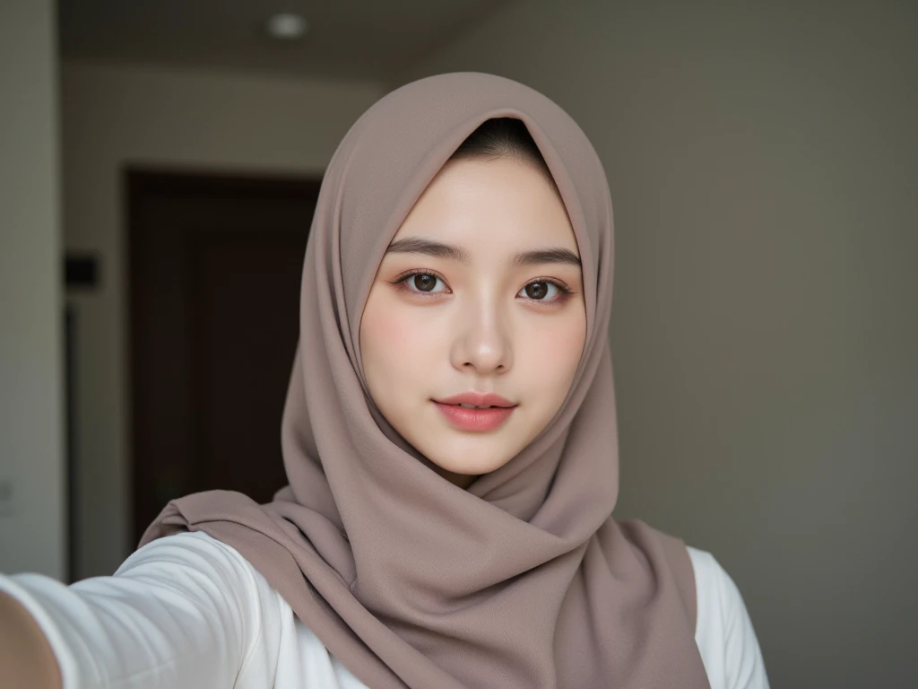 Portrait photo of a young malay girl, (laughing:0.7), (mira filzah face), malaysian, posing, look at a camera, pastel pink hijab, complex city background, backlit, (cinematic:1.5), epic realistic, hyperdetailed, detailed skin texture, mole below eye, insane details, intricate details, accent lighting, soft volumetric light, bokeh, (dramatic light:1.2), (neutral colors:1.3), cross process, night background.