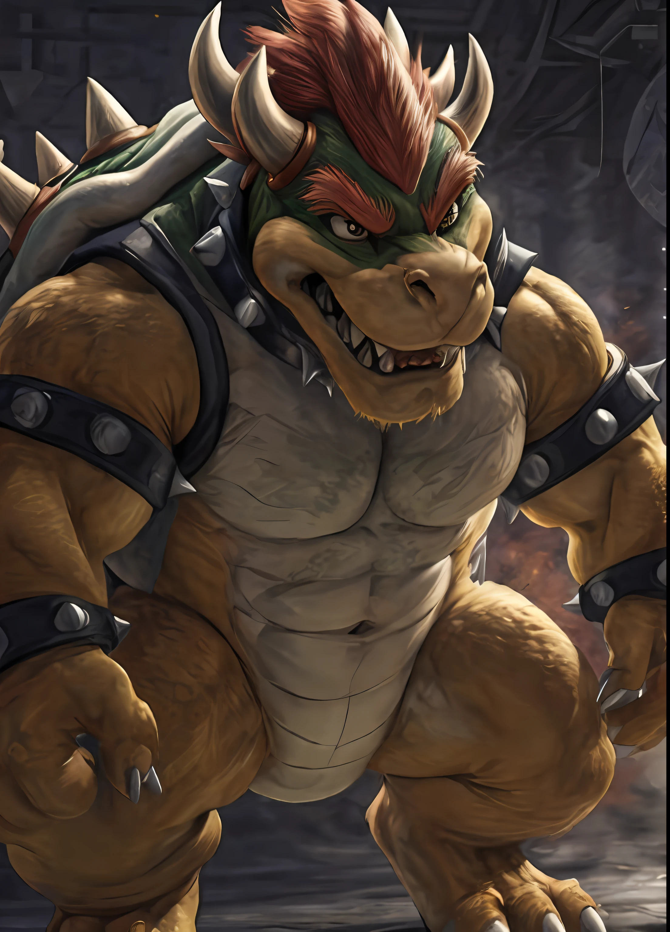 Kemono,Bowser, Nintendo , background em chamas, fire, bowser in the middle of flames, athletic, olhos deatiled, dark, Obfuscate, portrait, ( fighting pose ), fear expression, canine tooth, Hard disk, dark shadows, wide dynamic range, HDR, low light:1.2, Directed by: Daeni Pine, (por ruaidri), by virtyalfobo, 4K resolution, rendering, perfect hands,  perfect fingers