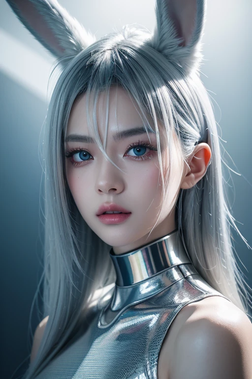 Woman with silver hair and silver eyes, with 1,80 tall