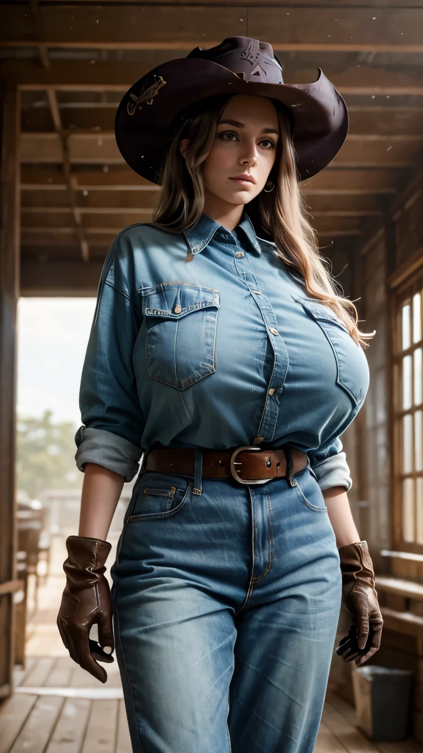 hyper real photo of ((Woman in cluttered barn wearing sexy shabby tattered cotton vest)), ((detailed realistic face and eyes)), Cinematic lighting, 8K resolution, (ModelShoot style), Sunset, (From_Below:1.4), soft small covered by (Tear the torn cotton vest), Natural breasts