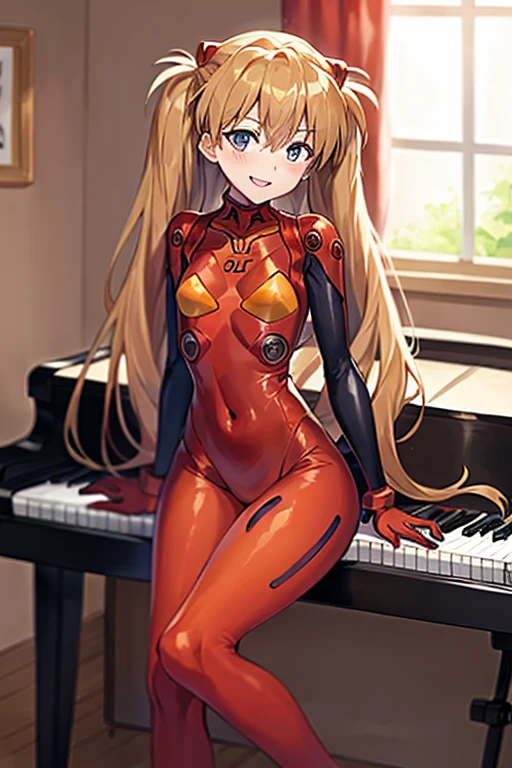 (( top quality )), ((masterpiece)), (be familiar with), perfect face, indoor, bedroom,  watching viewers,
One woman,  Soryu Asuka Langley ,
開いた口,  ecstatic expression beside the piano, blush, smile,
 small tits,  flat chest, Young girl, Lori,  s,  girl,
 long hair,  twin tails,
Leg spread,