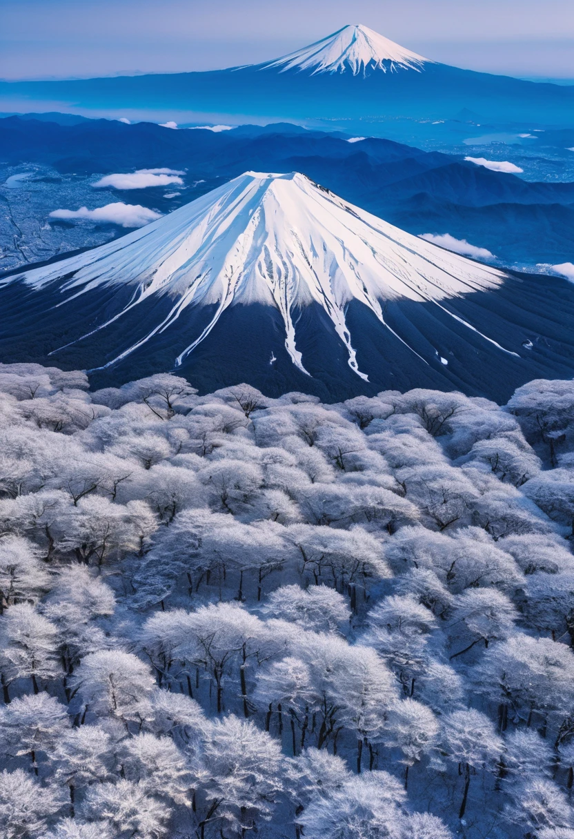 A bird's-eye view of the majestic Mt. Fuji. Amidst the snowy nature, a sea of ​​trees stretches out before you, a sight that will captivate anyone who sees it.