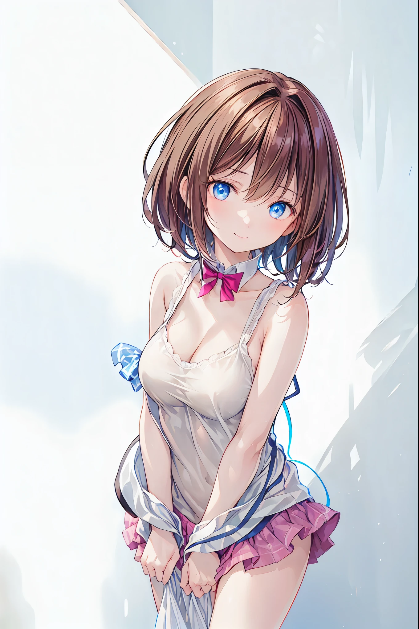 ( top quality ,masterpiece:1.3, Super high resolution),( very detailed, caustics,8k),( realistic :1.4,RAW shooting),18 years old, Japanese , cute, Looking at the camera and smiling ,blazer uniform, Slouching Position with Collar , waist up shot ,( Her Nipples Stand :1.2),( face close-up :1.2),(Low position:1.3),( low angle:1.4),Brown Hair, shortcuts, slender beauty , messy hair,Cityscape, Brown Hair, shortcuts, tousled hair , short braided hair,Neat, beautiful slender woman ,Correct posture, small breasts, Beautiful Legs, Seductive Gray-Blue Eyes Shine Like Stars,Droopy eyes, brightly colored , beautiful eyes,A delicate smile, Textured Skin, BEST QUALITY BEST , A Parody of a Gentle and Beautiful Woman , anime style 、