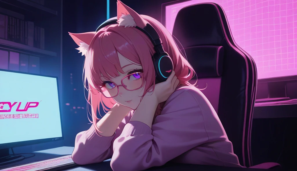 blue green red orange purple pink neon colors cutem manga cat girl pink hair glasses sitting on a gaming chair in front of a gaming pc setup headphone fox ears cyberpunk synthwave style laser grid dystopian 80 anime art Bakadude in letters on top of thin with line on all sides of the
