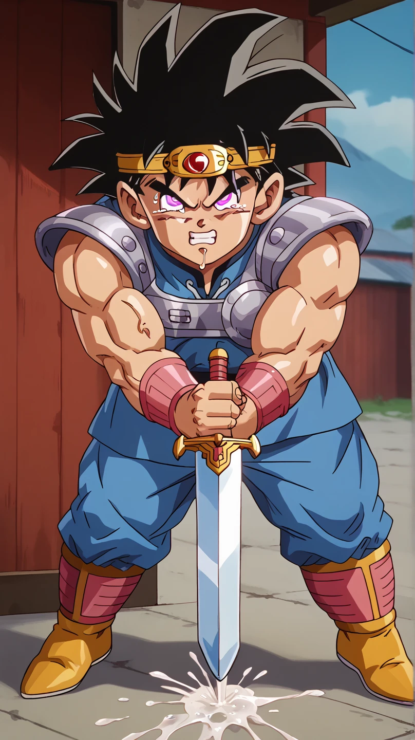  top quality ,Anatomical, Big Muscles ,Goku and Kogenta mix,Devil's Body and Wings , gigantic penis,Strong Orgasm ,Freeze in the cold ,Dripping semen, drool,Shed a lot of tears, black hair, mind control ,armor, headband, hold the sword,Arm Veins, Stare at Viewers , from the front,full body