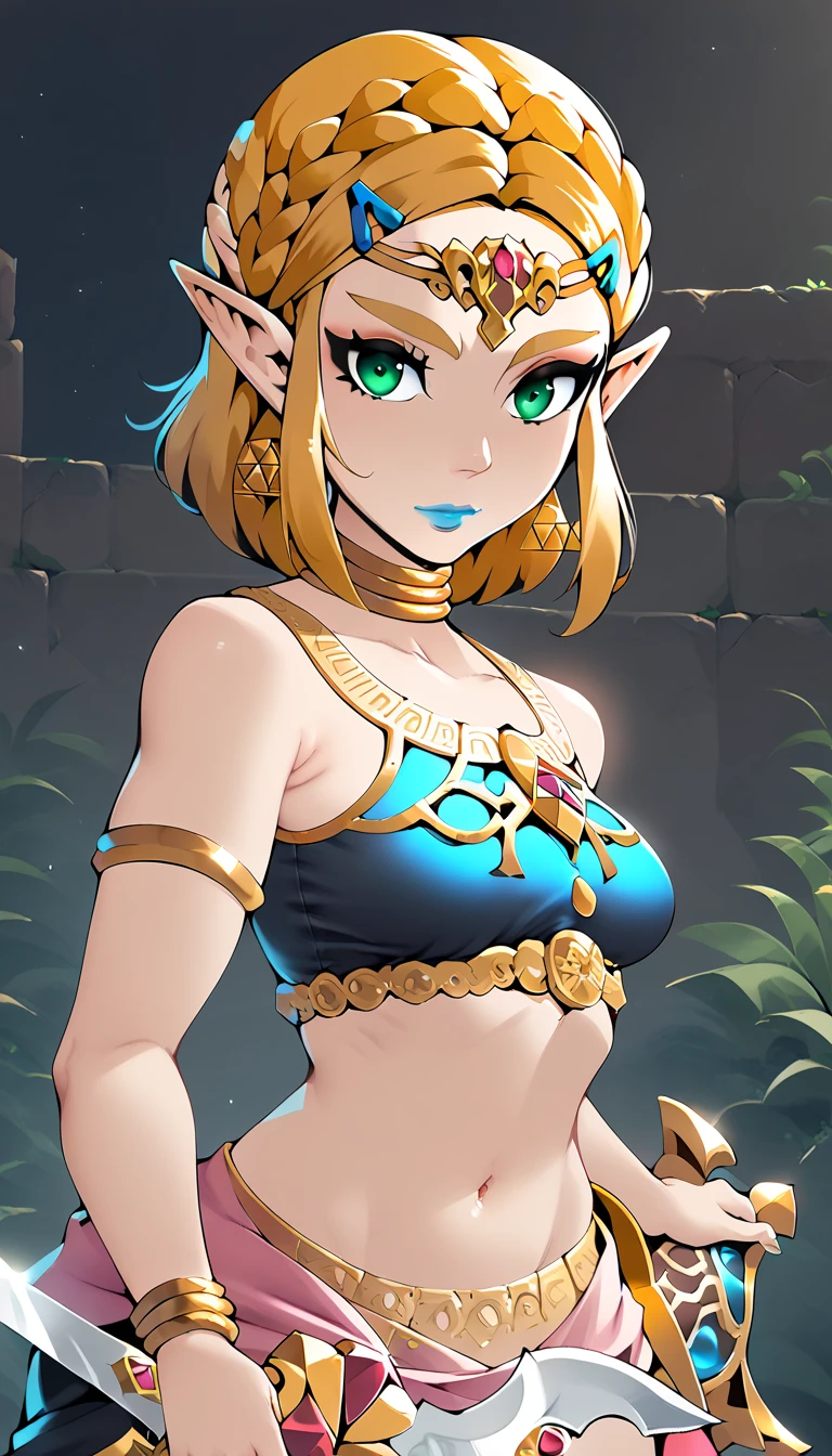 score_9, score_8_up, score_7_up, score_6_up, geewhy_style, princess Zelda,
1girl, solo, looking at viewer, jewelry, braid, green eyes, blonde hair, pointy ears, light-skinned female, makeup, lipstick,  neck ring, blue lips, breasts, bare shoulders,  crop top, crown
cowboy shot, dutch angle, light smile, holding sword
