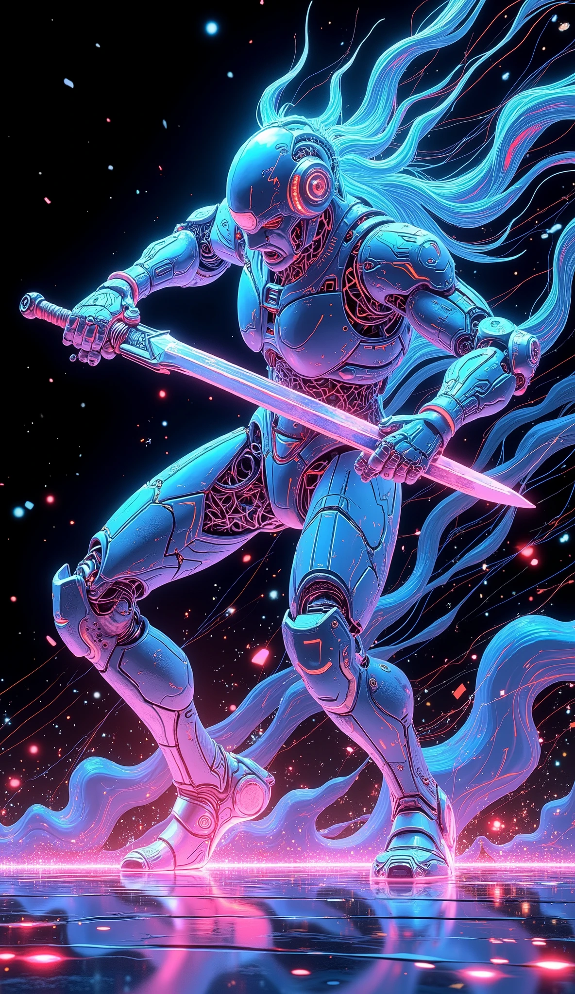 glow line art, (from below, Duch angle, dynamic), ((a robot, solo, holding a sword, gladiator, Geometric design), strain at tou, (attacking with sword:1.3, high-speed action real refraction), high-detail machine), attack motion, targeting to you, (analog, retro, antique, clockpunk, vivid color, cyberpunk, Transparent, full body shot), moving effect, Granting of transparent processing, holographic material rendering,