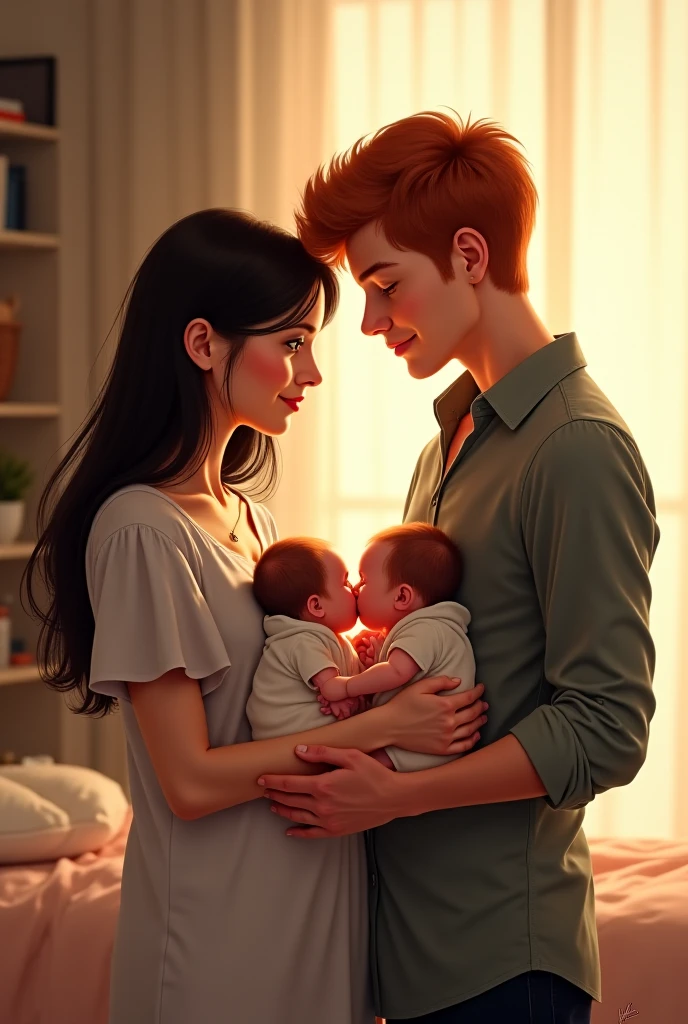Create a family chart.
The mom with her short orange hair,She is wearing a yellow shirt and a denim skirt, She is holding her baby.
The baby is sleeping,She has soft pink hair.
The dad is Ash with his black cap.
