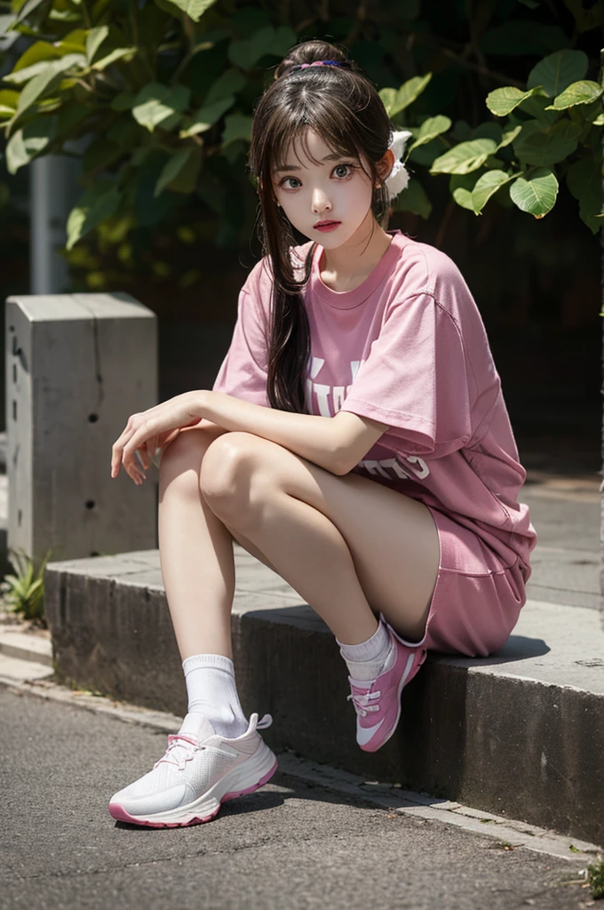 8k resolution,  typical Japanese first grader 、、short sleeve pink shirt、 white hotpants、Stylish purple sneakers 、 holding white socks 、 black hair ponytail、Very young face、Clear double eyes 、 pink puffy lips 、Round eyes、(spread anal & Leg),(sit),