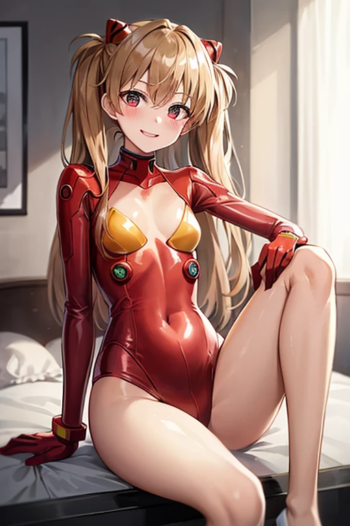 (( top quality )), ((masterpiece)), (be familiar with), perfect face, indoor, bedroom,  watching viewers,
One woman,  Soryu Asuka Langley ,
開いた口,  ecstatic expression beside the piano, blush, smile,
 small tits,  flat chest, Young girl, Lori,  s,  girl,
 long hair,  twin tails,
Leg spread,