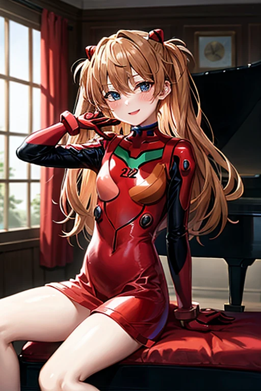 (( top quality )), ((masterpiece)), (be familiar with), perfect face, indoor, bedroom,  watching viewers,
One woman,  Soryu Asuka Langley ,
開いた口,  ecstatic expression beside the piano, blush, smile,
 small tits,  flat chest, Young girl, Lori,  s,  girl,
 long hair,  twin tails,
Leg spread,