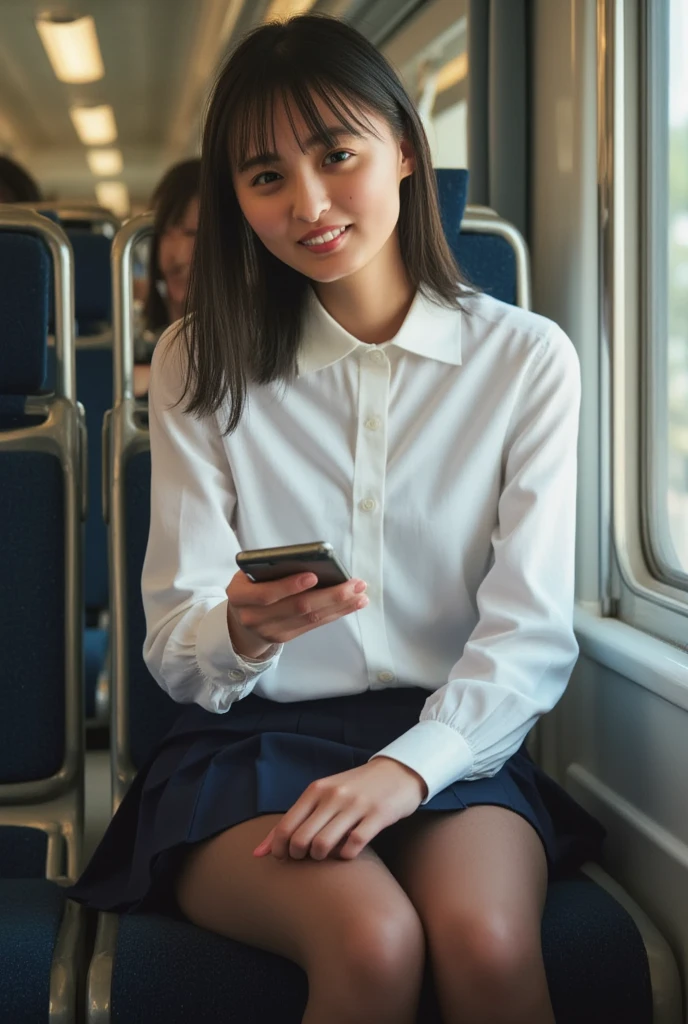 (masterpiece,  top quality , 8k,  RAW photo,  beautifully、 beautiful:1.2),  detailed information,  indirect lighting,  realistic, whole body,  sitting on a train chair 、 white blouse、 tight skirt、( super realistic pantyhose)、stare at the audience 、smile、 happy 、 I have a smartphone、Peeking、 woman&#39; training to break the tiles ,   a chair that can sit under a skirt,Super high resolution,8k,Bokeh, Sharp Focus, very detailed face ,Spanish Girls , beautiful足,thin,( Big Breasts), super detailed eyes
