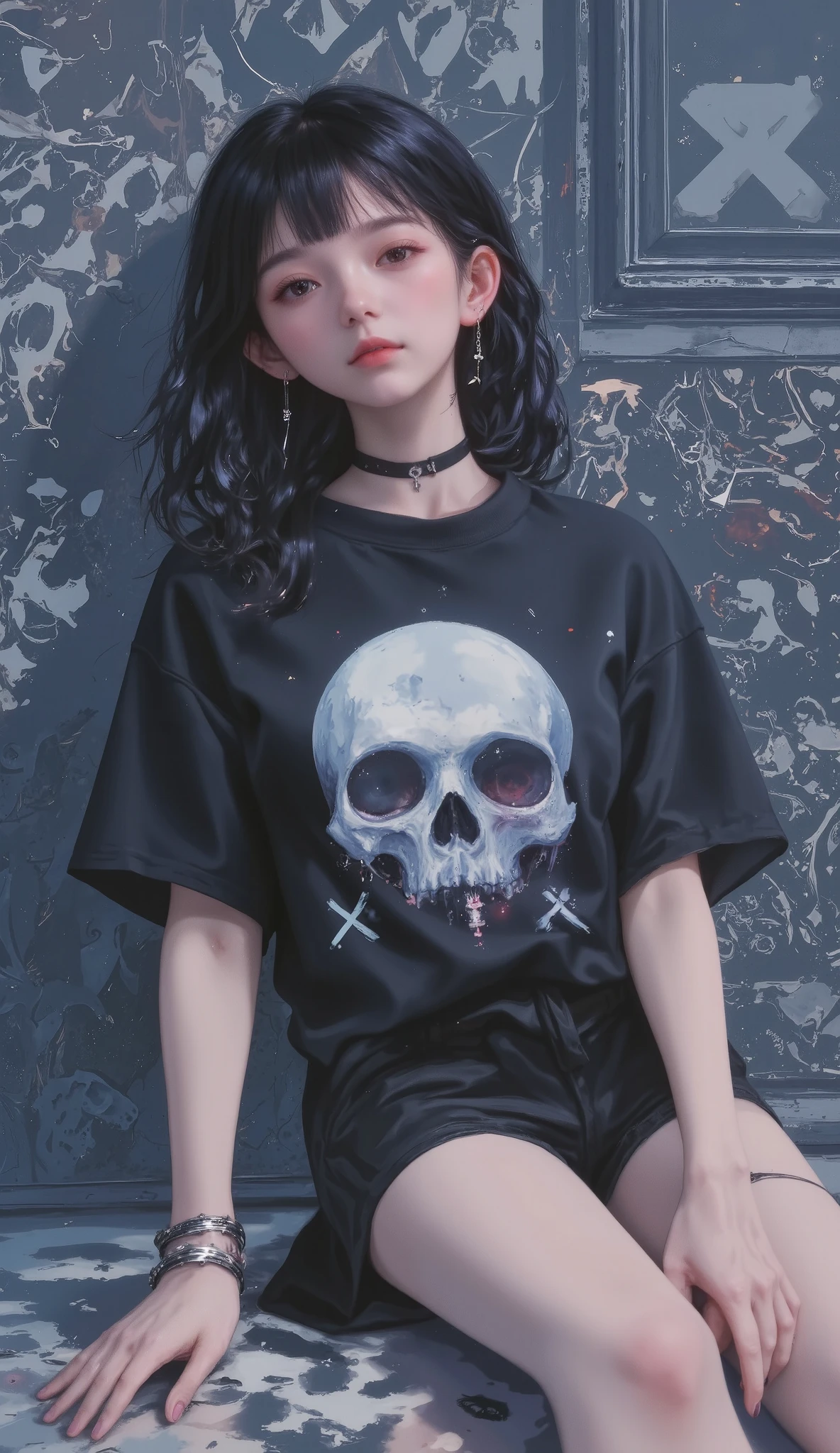 ultrarealistic,  masterpiece, (( ultra detailed background , intricate details)),  best quality, intricate details,  chromatic aberration, Women, 20 years,  pants looking at the spectator, cabello negro,  bangs over one eye ,  black t-shirt , Skull pattern , short sleeve,  sitting on the floor , mask, eye pencil tattoo of an x on the cheek,  spiked bracelets ,  Spiked choker ,  black pants , pale skin,  black lipstick , chiaroscuro,  cinematic lighting , Fujicolor, UHD, Retina, masterpiece, Accurate,  anatomically correct , textured skin, Super detail, high details, high quality, best quality, highres, 1080P, HD, 16K