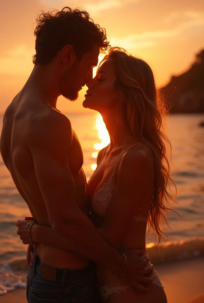 An illustration of a couple kissing in front of a glass window overlooking a beach lined with coconut trees, a beautiful and serene sea in the early morning, They are inside a room in a mansion by the sea, The woman wears black lingerie but has small breasts and the man is already a little gray, very muscular but still young in his 40s., the kiss passionately shirtless and in black boxer briefs