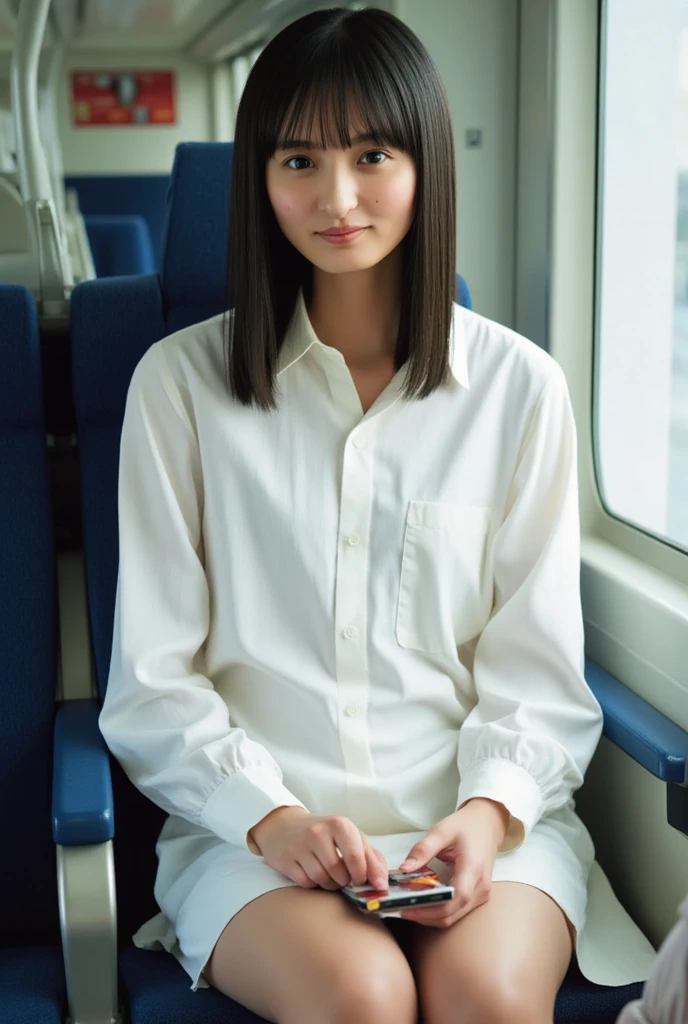 (masterpiece,  top quality , 8k,  RAW photo,  beautifully、 beautiful:1.2),  detailed information,  indirect lighting,  realistic, whole body,  sitting on a train chair 、 white blouse、 tight skirt、(( white panties:1.8))、( super realistic pantyhose)、stare at the audience 、smile、 happy 、 I have a smartphone、Peeking、 woman&#39; training to break the tiles ,   a chair that can sit under a skirt,Super high resolution,8k,Bokeh, Sharp Focus, very detailed face , beautiful足,thin,( Beautiful breasts), super detailed eyes
