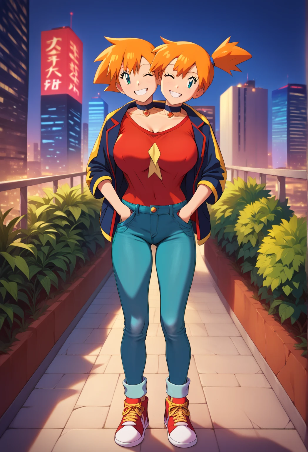 (master piece), (best quality), (8k), (ultra high resolution), (highest quality), (anime style), (best writing), (beautiful face), (masterpiece), (highest quality), (detailed beautiful face and eyes), (textile shading), (full body), (city during daytime), 1girl, misty \(pokemon\), aqua eyes, orange hair, bangs, long hair, red t-shirt, black sleeved jacket, blue jeans, red sneakers, large breasts, beautiful breasts, smile, one eye closed, conjoined, two heads, hands in the pockets, neck choker, blue eyeliner, smartwatch, kiss