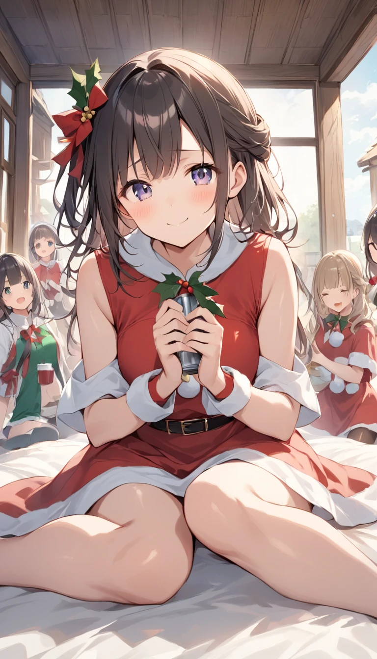 (((Eyes closed while sleeping)))、（Short bob cut、Black eyepatch、dark dark blue hair、Red Eyes、20-year-old women、Black fabric choker、No hat、Santa clothes in 、Black lace underwear、Drunk）。Taverns in the city、One Woman
