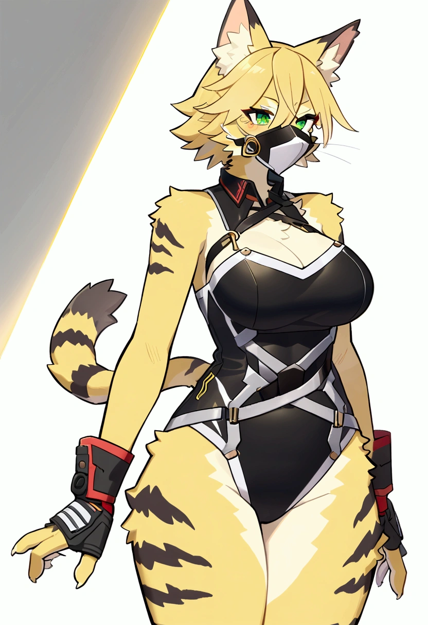 (top quality, best quality, Yamame513, High-quality illustrations, masterpiece, perfect artwork, cinematic light and shading, 16k, 1080p, uploaded on e621)(kemono, furry, anthro, alone), 1 larger female, (very detailed body, face, tail, arms, hands, legs, head and eyes), cat, Pulchra, (Zenless Zone Zero), big breasts, yellow fur, fluffy, striped fur, striped body, cat ears, cat fluffy tail, beautiful cat cute hair, perfect eyes, green eyes, black pupils, wearing a mask, beautiful mercenary swimsuit, body movement, body twitching, jiggle physics,