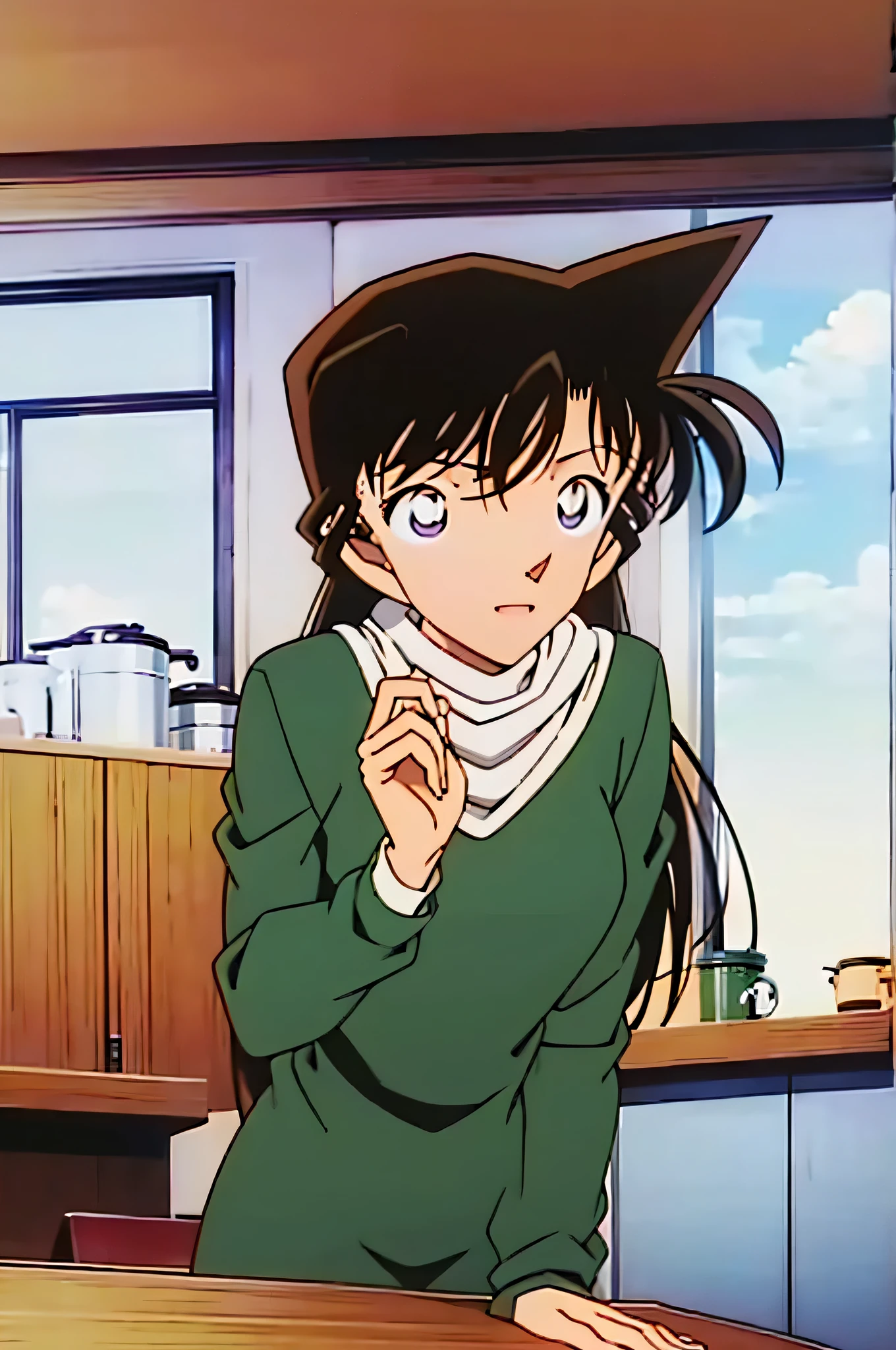 1 girl、{{{mouri ran}}}, {{{meitanntei conan}}}, {{{long hair}}}, {{{official style}}}, {{{adult}}}, tight green dress (turtleneck, simple, long sleeves) 、 (light green cropped short jacket), green
socks,kitchen,bringing upper body to the sink, open, leaning forward, emphasizing the buttocks, butt to the front