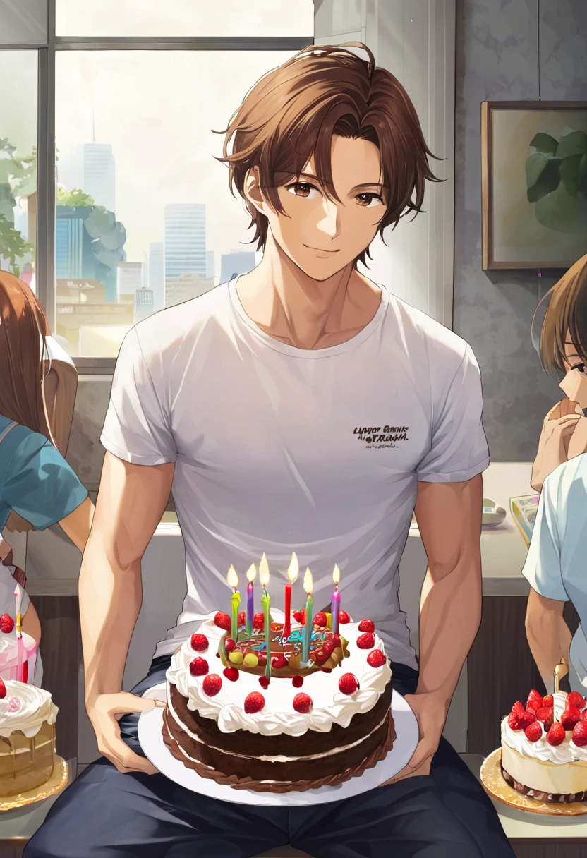 A brown-haired sixpack man is sitting and wearing a white t-shirt and is carrying a birthday cake.