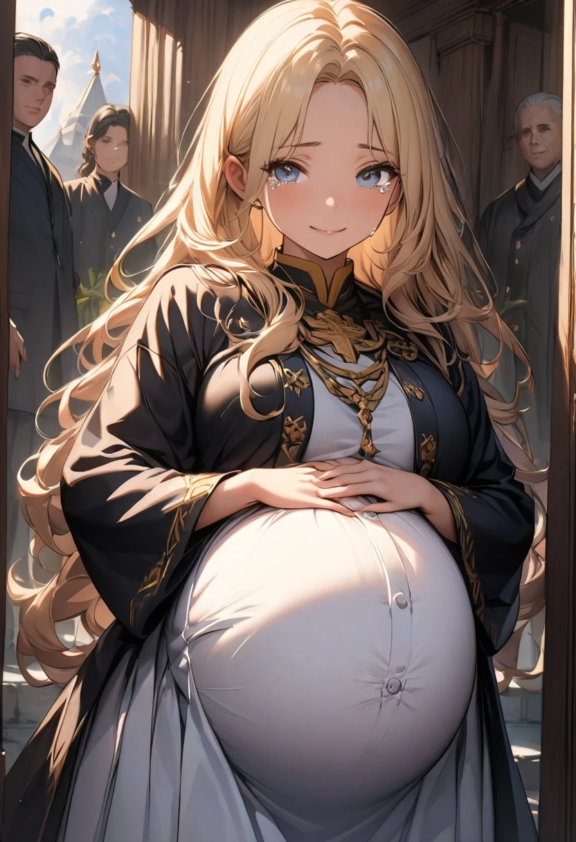 (high quality), 1girl, very long blonde hair, red demon eyes, small breast, ((pregnant)), , skirt, standing, palace background, comfortable expressions, detailed eyes