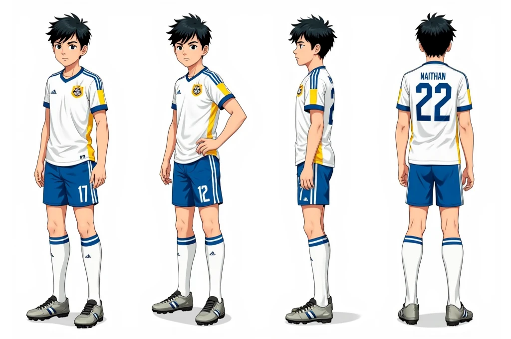 Create an anime-style illustration of a young male character playing soccer. The character should have a youthful and energetic appearance, with short, spiky hair, and wear a modern soccer uniform (shirt, shorts, socks, and cleats). The uniform should have bright colors (such as blue and white) with a unique logo or crest on the chest, and his name and number ('22') on the back. Make the image look like a character profile card, including his name ('Naithan'), age (''), position ('Forward'), and a brief description of his skills ('Speed ​​and accuracy are his main strengths'). The design should resemble a character sheet, showing the character seen from different image angles.