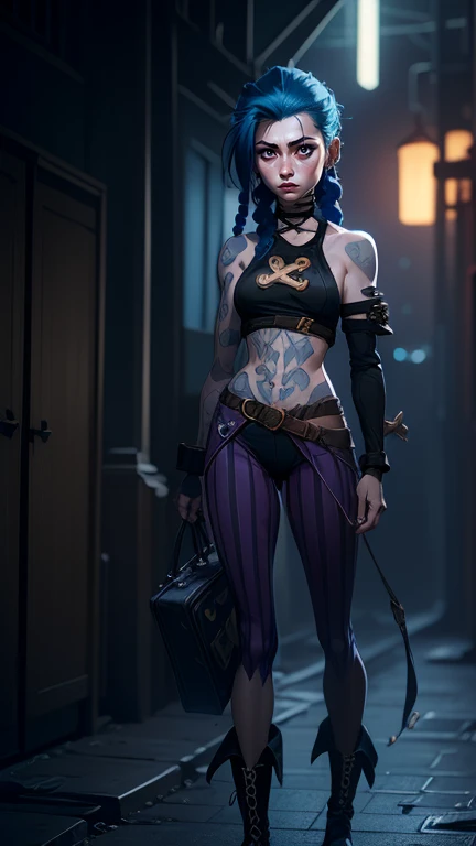 jinx, arcane jinx, sitting on a rock bar seat, spread legs, 8k Unreal Engine-Design, bright colours, next to a window, Jinx Arkanes Outfit, Jinx Arcane Clothing, CG Unit 8k