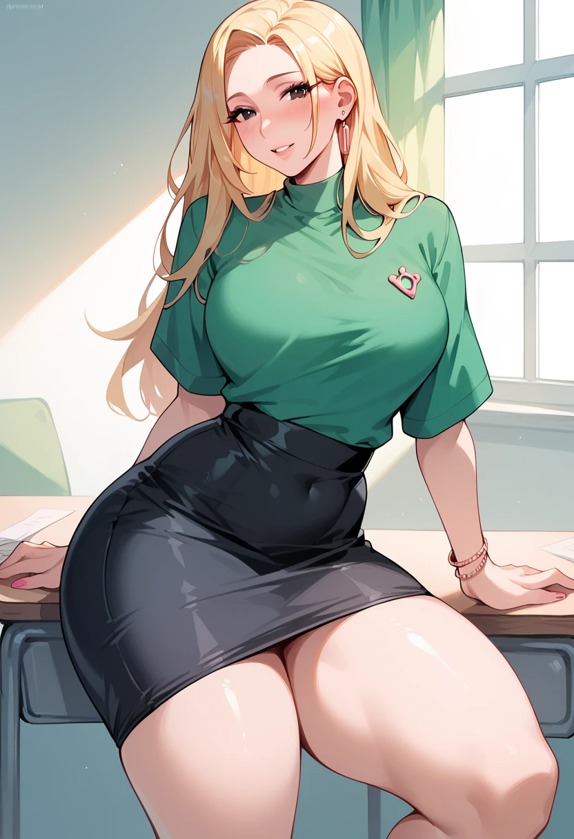 best quality, glossy, 4k, ((artwork)), extremely detailed, 8k, beautiful, beutiful  girl, black eyes, pink papal crown, long blonde hair, green shirt, black skirt, mean girl, school girl, very thick thighs