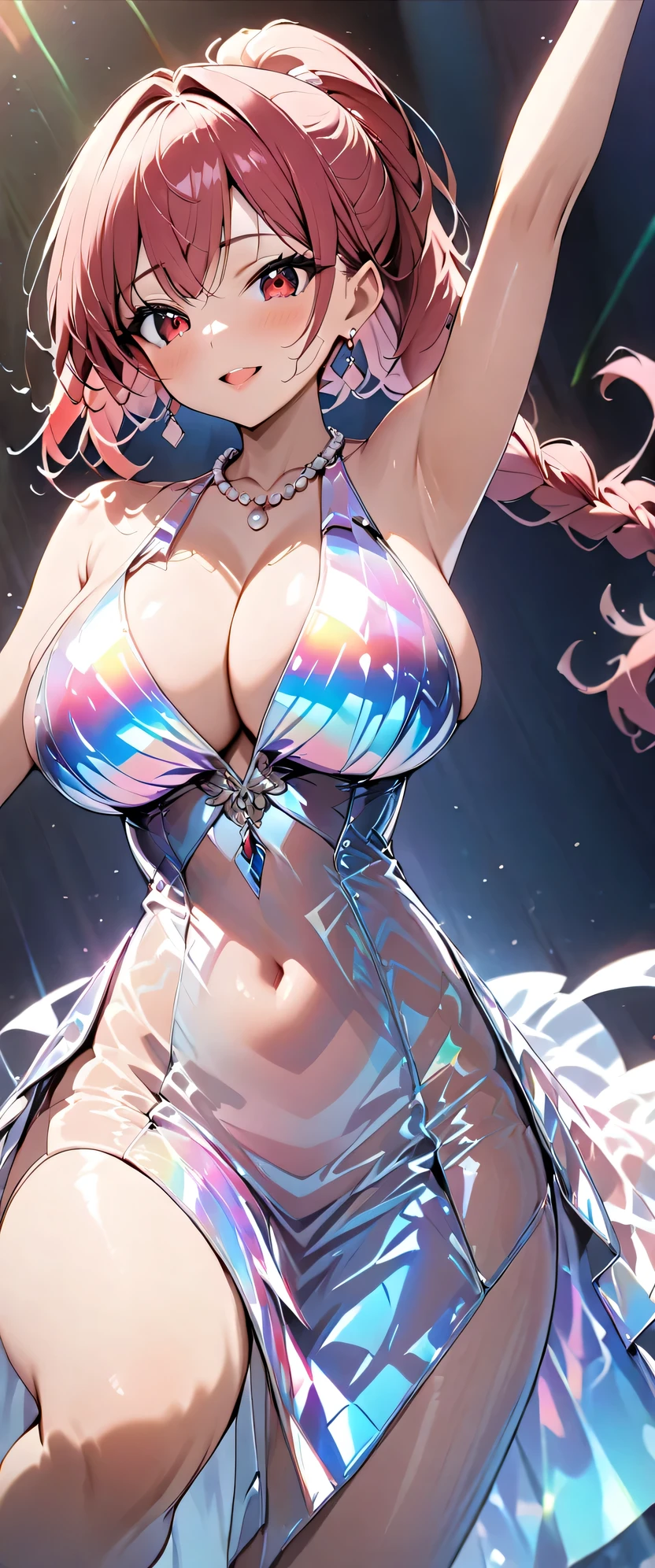  top quality 、 high res、( high image quality:1.2)、masterpiece、 detailed background、( Beautiful face in every detail :1.2)、( very detailed face :1.4)、 detailed red eyes 、Teenage beauty、 huge breasts、 anatomically correct、 perfect body line 、 Attractive Butts 、Attractive thighs、 brightly colored hair color 、 ponytail、 bob cut、Braided Long、Lip Makeup、 shiny stockings、 big smile when looking back、 excitement 、 emphasizes breasts、 Fully Open Zippers and Chest Flapping 、 sleeveless、
(Beautiful woman in hologram laser dress dancing on stage:1.5)、
Super close-up from directly below、Sexy Sheer High Legs 、 showing armpits 、My clothes get wet and become transparent、 wet and clothes are transparent 、 pearl necklaces and silver earrings 、 very beautiful