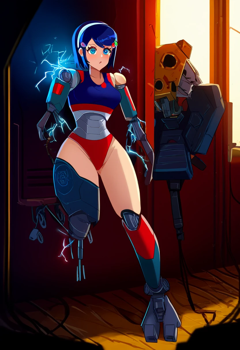 Completely naked, masterpiece, very short pigtails,brown hair, Hair tie with two big red clothespins, mature, Female robot, android, mechanical robot, joint seam, blue eyes, full body figure, Height: 160cm, flushed cheeks, 2020s anime picture, ball joint, missionary angle, joy, A big smile, jump A beautiful robot with short brown hair in two short pigtails held up by two large red clothespins. Faint lines at joint joints 25 years old 2020s anime picture blue eyes Uplifting, No NSFW, whole body, spread legs, Eyeballs pop out, leaning over, bridge gymnastics, Uterine prolapse