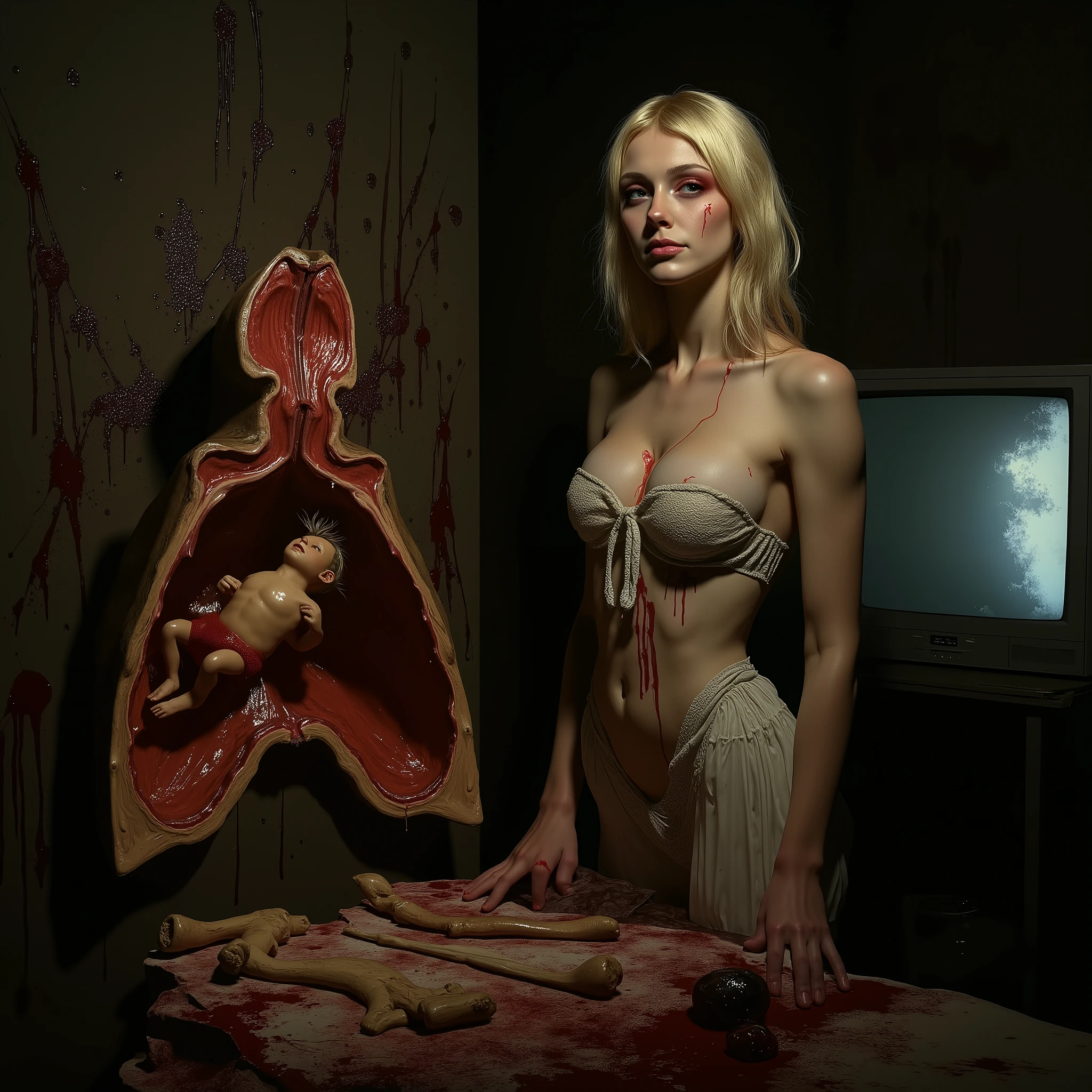 "(the best lighting,  high contrast , dark, dramatic),(Blonde woman next to a giant jelly weasel, Open the rib cage, fetus, autopsy, human bones, blood on the walls), tv on . Light Caravaggio"