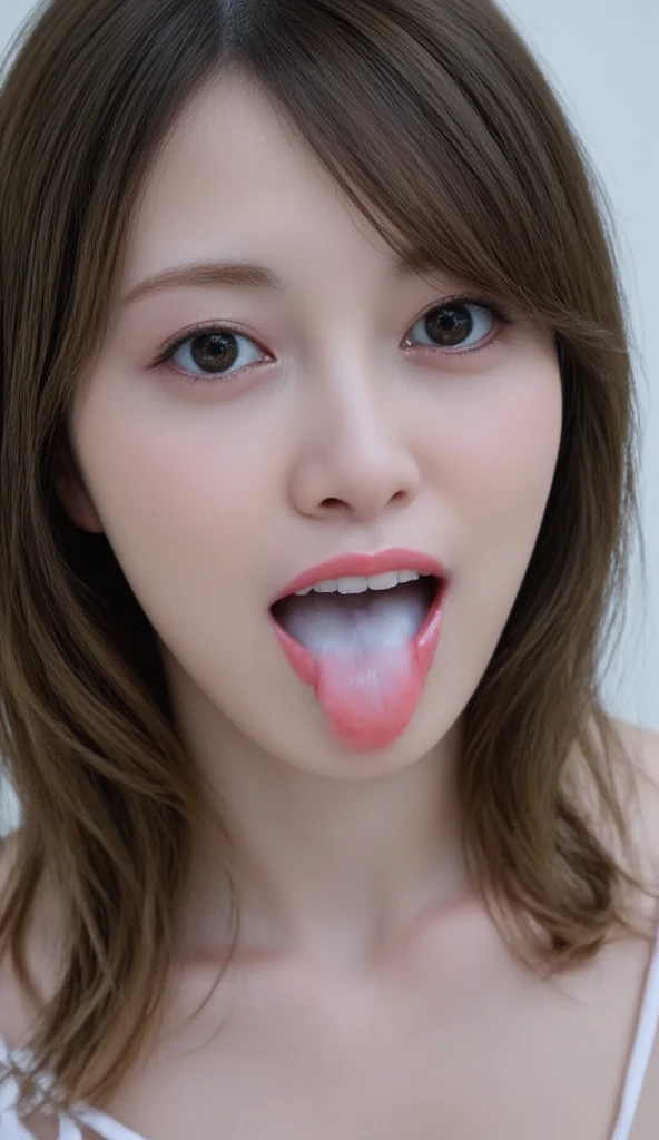  high resolution young Japanese female idol「Kakki」Photo of, Alone,  1 girl,  wearing an off-shoulder dress ,  focus on face ,  face close-up,  staring at the camera,  blue-white skin,  detailed face ,   detail eyes, Captivating eyes,   natural makeup  ,
( open your mouth, After the blowjob、 ejaculates in mouth, drooling semen ), indoor, 