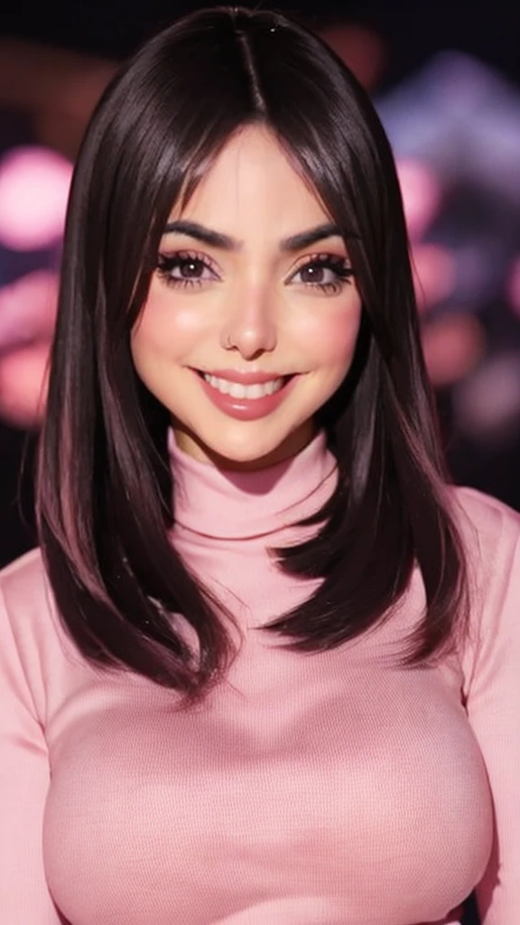 Photo of beautiful nyv13st3ph4n woman smile, detailed face, pink turtleneck blouse, makeup, in an event at night