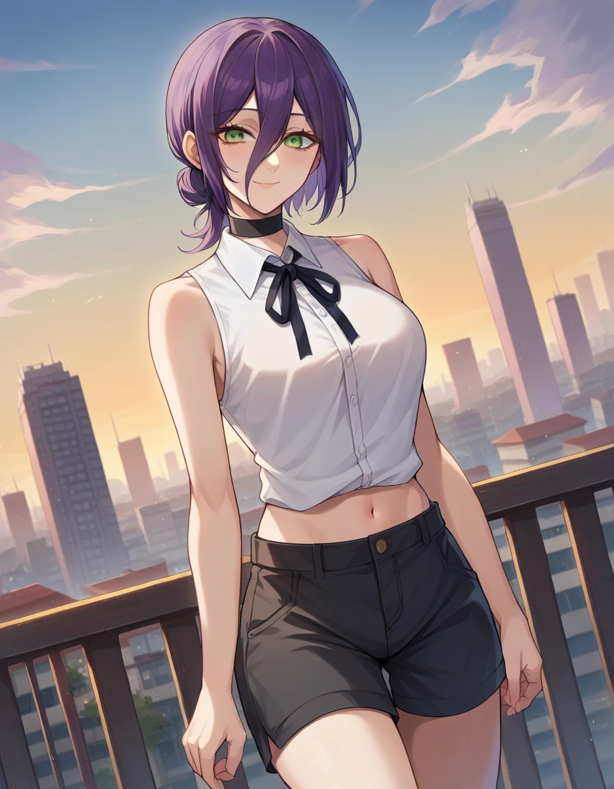 Navel, big breasts, score_9, score_8_up, score_7_up, source_anime,
chainsawreze, reze, black choker, purple hair, choker, eyebrows hidden by hair, green eyes, hair between eyes, long bangs, medium hair, smile,
bare shoulders, black ribbon, black shorts, collar, collared shirt, neck ribbon, ribbon, shirt, shorts, sleeveless, sleeveless shirt, white shirt,
outdoors, cityscape,
looking at viewer, dutch angle, cowboy shot,