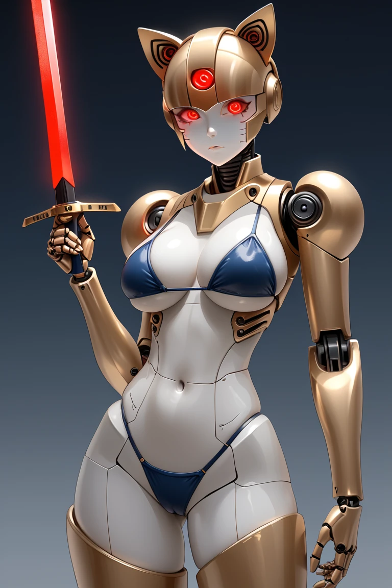  Female Robot ,  holding a sword , skin with a golden sheen,  wearing dark blue bikini armor, Cat ears,  skinhead,  red glowing eyes , Robot Face,  Robot Joints ,  big breasts,  Slim waist, Small Ass