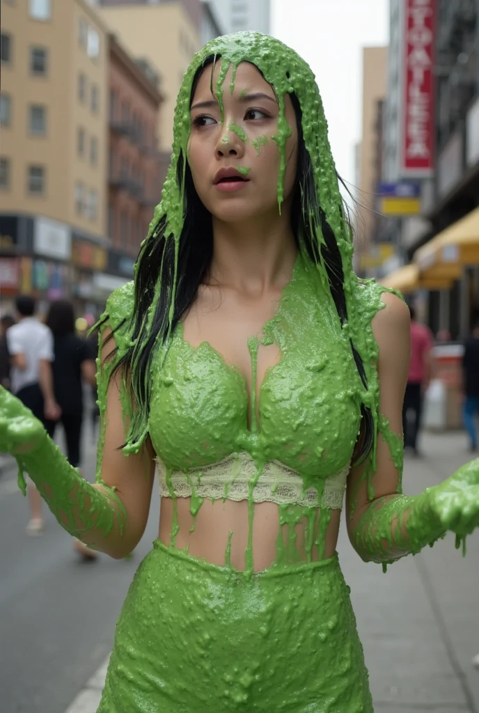 DSLR photograph. Beautiful Korean girl covered in green water. 18 year old. Korean girl. Photorealistic. Nasty slime. Raw photo. New York City. Green Slime. Wearing white lace push-up bra. Black hair. (Asian: 1.1). Beautiful Asian face. Black eyeliner. Long eyelashes.