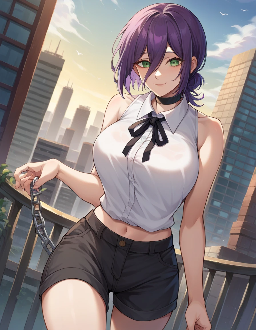 Navel, big breasts, score_9, score_8_up, score_7_up, source_anime,
chainsawreze, reze, black choker, purple hair, choker, eyebrows hidden by hair, green eyes, hair between eyes, long bangs, medium hair, smile,
bare shoulders, black ribbon, black shorts, collar, collared shirt, neck ribbon, ribbon, shirt, shorts, sleeveless, sleeveless shirt, white shirt,
outdoors, cityscape,
looking at viewer, dutch angle, cowboy shot,