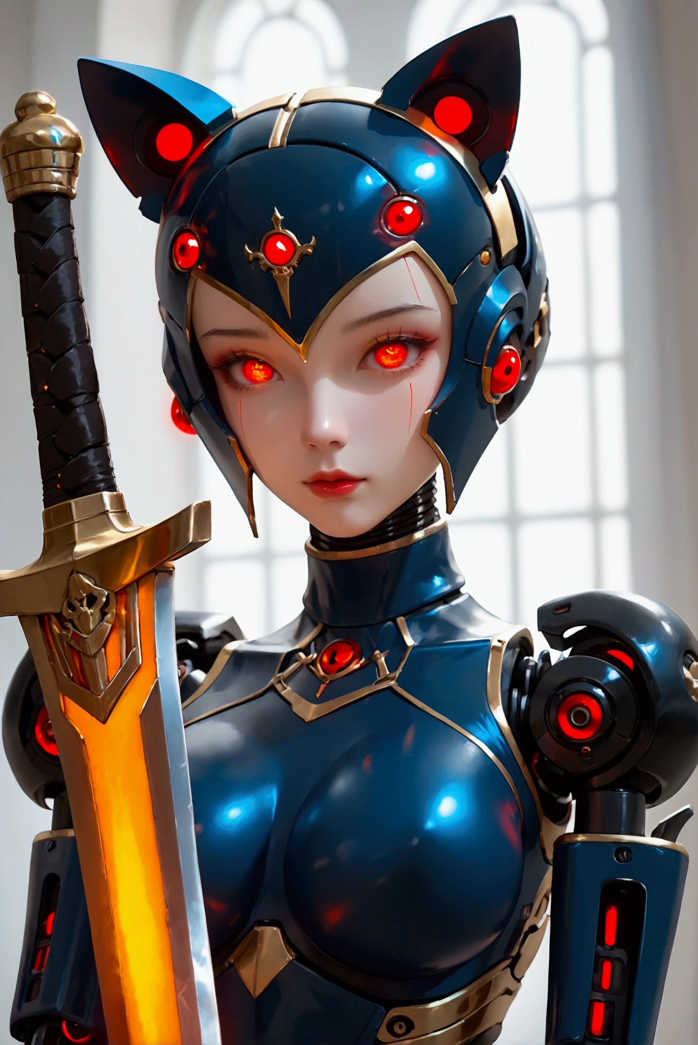  Female Robot ,  holding a sword , skin with a golden sheen,  wearing dark blue bikini armor, Cat ears,  skinhead,  red glowing eyes , Robot Face,  Robot Joints ,  big breasts,  Slim waist, Small Ass