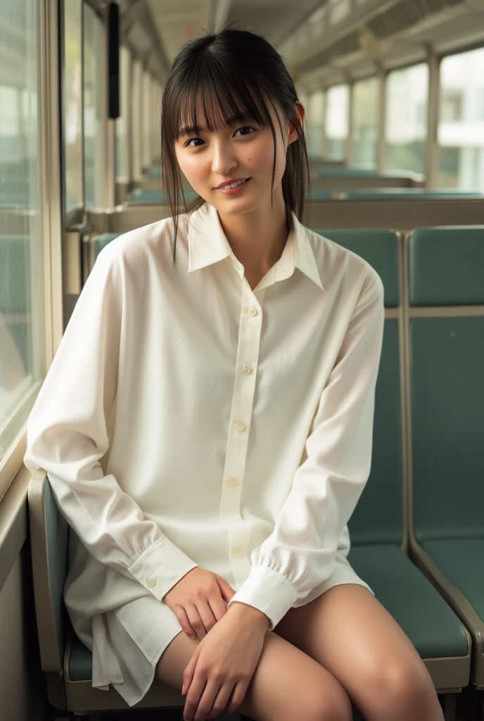 (masterpiece,  top quality , 8k,  RAW photo,  beautifully、 beautiful:1.2),  detailed information,  indirect lighting,  realistic, whole body,  sitting on a train chair 、 white blouse、 tight skirt、(( show me white panties:1.8))、 stretch legs 、( super realistic pantyhose)、stare at the audience 、smile、 happy 、 I have a smartphone、Peeking、 woman&#39; training to break the tiles ,   a chair that can sit under a skirt,Super high resolution,8k,Bokeh, Sharp Focus, very detailed face , beautiful足,thin,( Beautiful breasts), super detailed eyes
