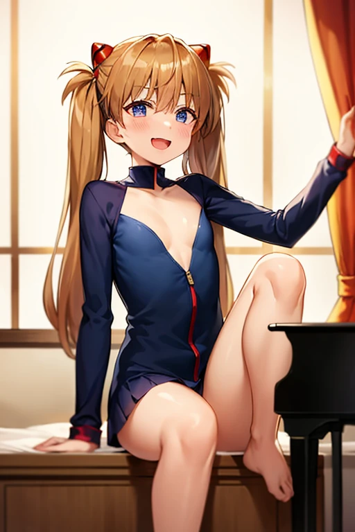 (( top quality )), ((masterpiece)), (be familiar with), perfect face, indoor, bedroom,  watching viewers,
One woman,  Soryu Asuka Langley ,
開いた口,  ecstatic expression beside the piano, blush, smile,
 small tits,  flat chest, Young girl, Lori,  s,  girl,
 long hair,  twin tails,
Leg spread,