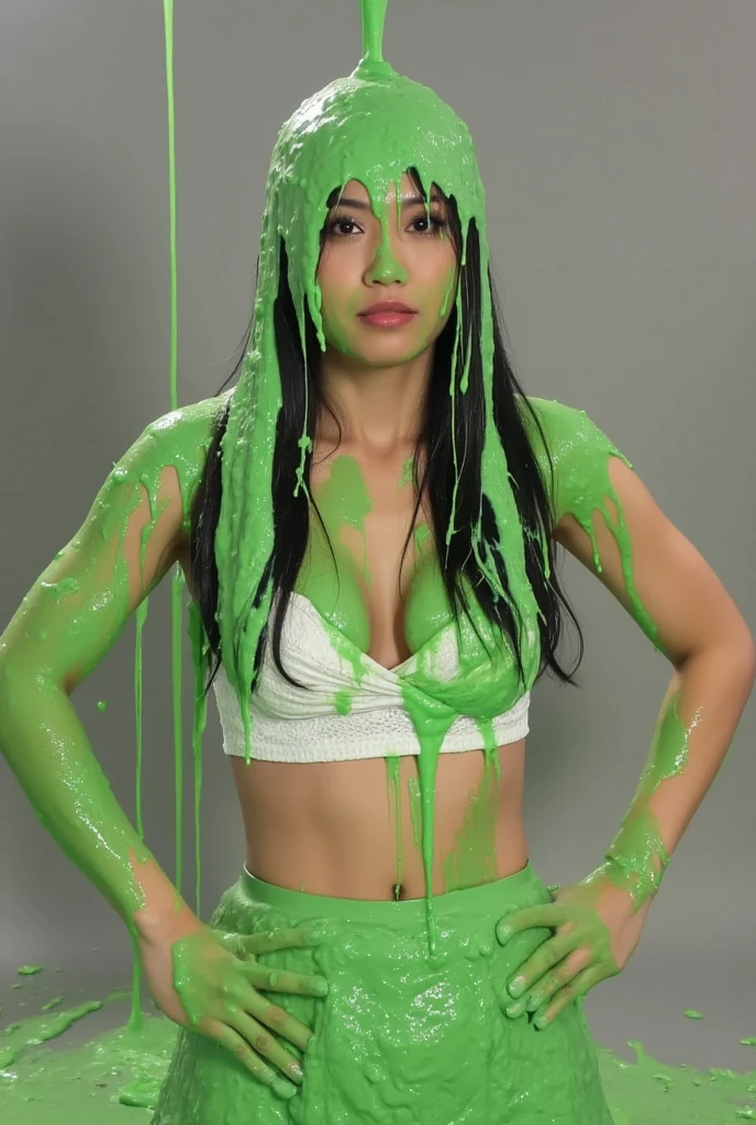 Filipina model, tan skin, (white blazer: 1.1), cleavage, heavy eyeliner, long eyelashes, short wavy hair, perfect body, perfect lighting, photo realism, posing for photo, photo shoot, sexy, alluring, sultry, (green slime dripping down hair: 1.4), (green slime dripping down head: 1.3)