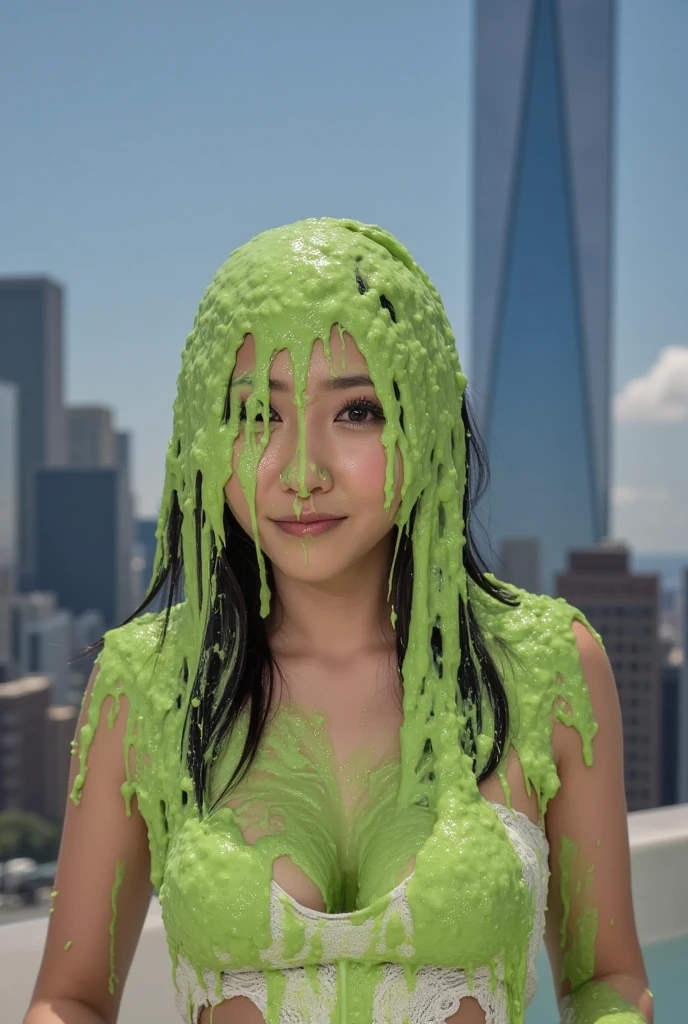 DSLR photograph. Beautiful Korean icon covered in green water. 18 year old. Korean girl. Photorealistic. Nasty slime. Raw photo. New York City. Green Slime. Wearing white lace push-up bra. Black hair. (Asian: 1.1). Beautiful Asian face. Korean icon. Black eyeliner. Long eyelashes.