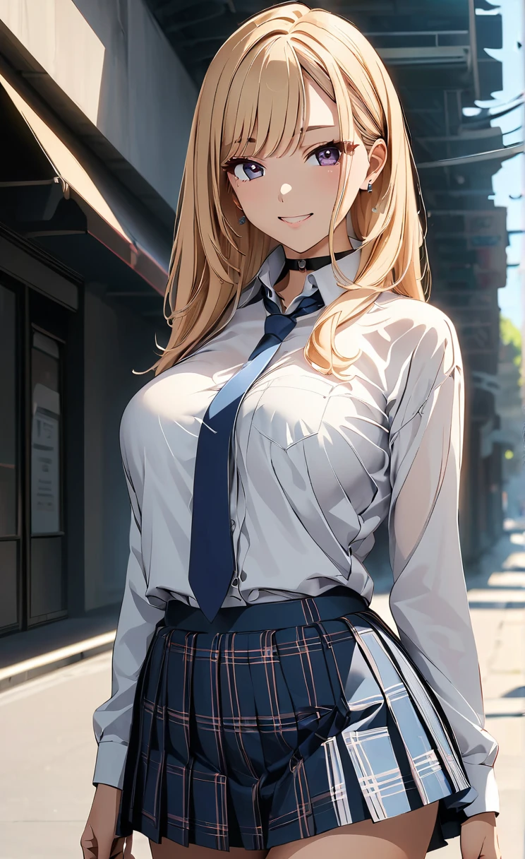 (Highest quality:1.2, Anime works, Very detailed, High detail, digital coloring, High Contrast, masterpiece:1.2, Highest quality, Best aesthetics), (((Kitagawa Marine, 1 Girl))), Blonde, Straight Long Hair, Pink gradient hair, Red eyes, Earrings, White shirt, Black Choker, Blue tie, Check skirt, Grin, smile, Are standing, Cowboy Shot, Outdoor,Huge breasts、See-through 、Thin fabric shirt、Pink underwear