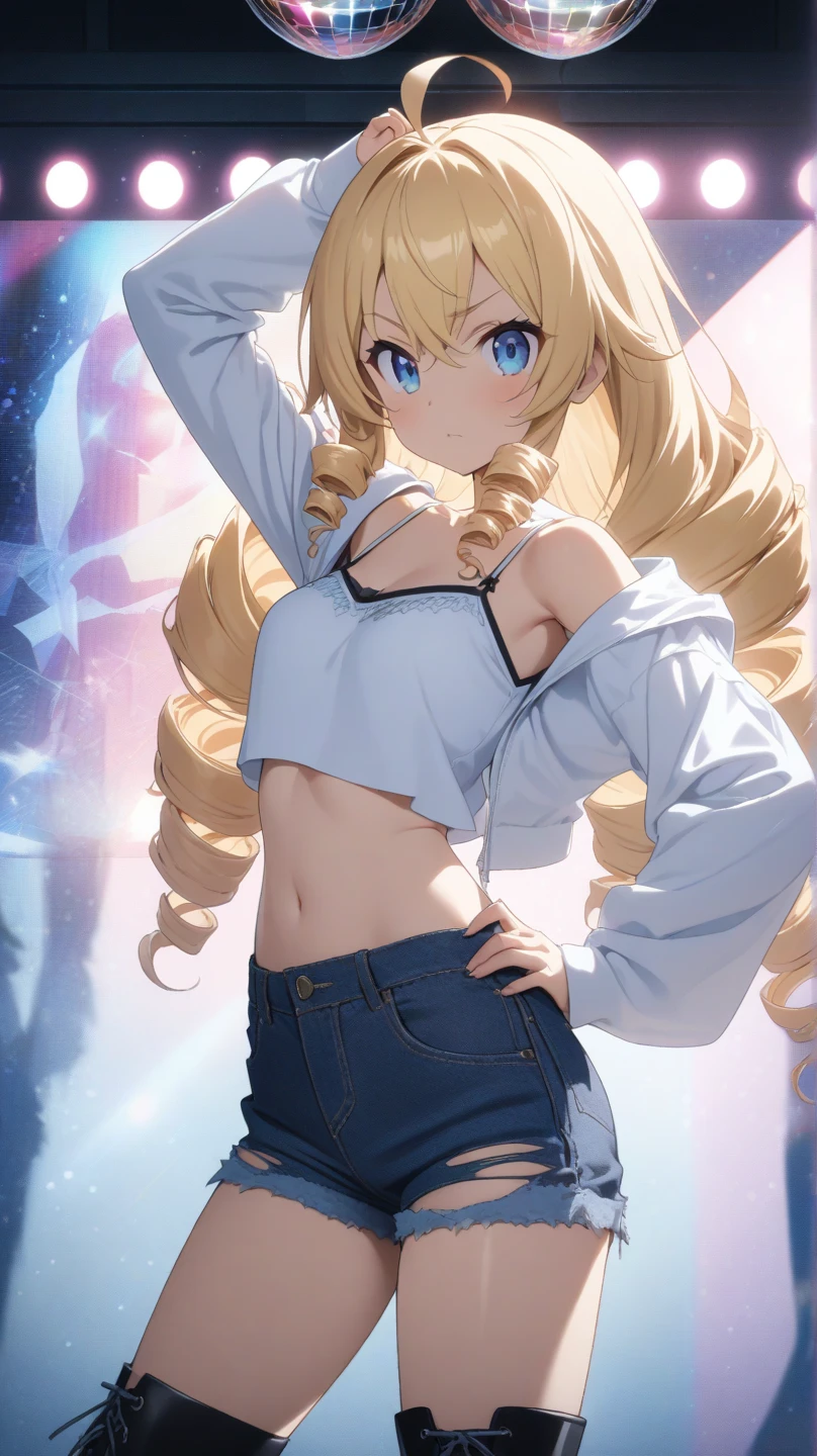 ( score_9, score_8_up, score_7_up ), ultra-detailed, detailed face, Solo, a girl, blonde, long hair, side tail, drill hair, ahoge, blue eyes, slant eyes, narrow eyes, white crop top of camisole, a black open hoodie with sleeves past wrists, denim shorts, torn shorts, Black platform boots, Saturday Night Fever pose, right index finger raised, right arm up, hips twisted to the left pose, left hand on own hip, disco background with mirror ball, anime, illustration, masterpiece, best quality, detailed, mystical atmosphere, pastel academia, soft-edged, soft surface, backlighting, moody lighting, underlighting, sharp shadows, fast shutter speed, 2D Anime, Best Hands, Best Hand, 135mm, F4.0, SONY FE GM, upper body, best hand