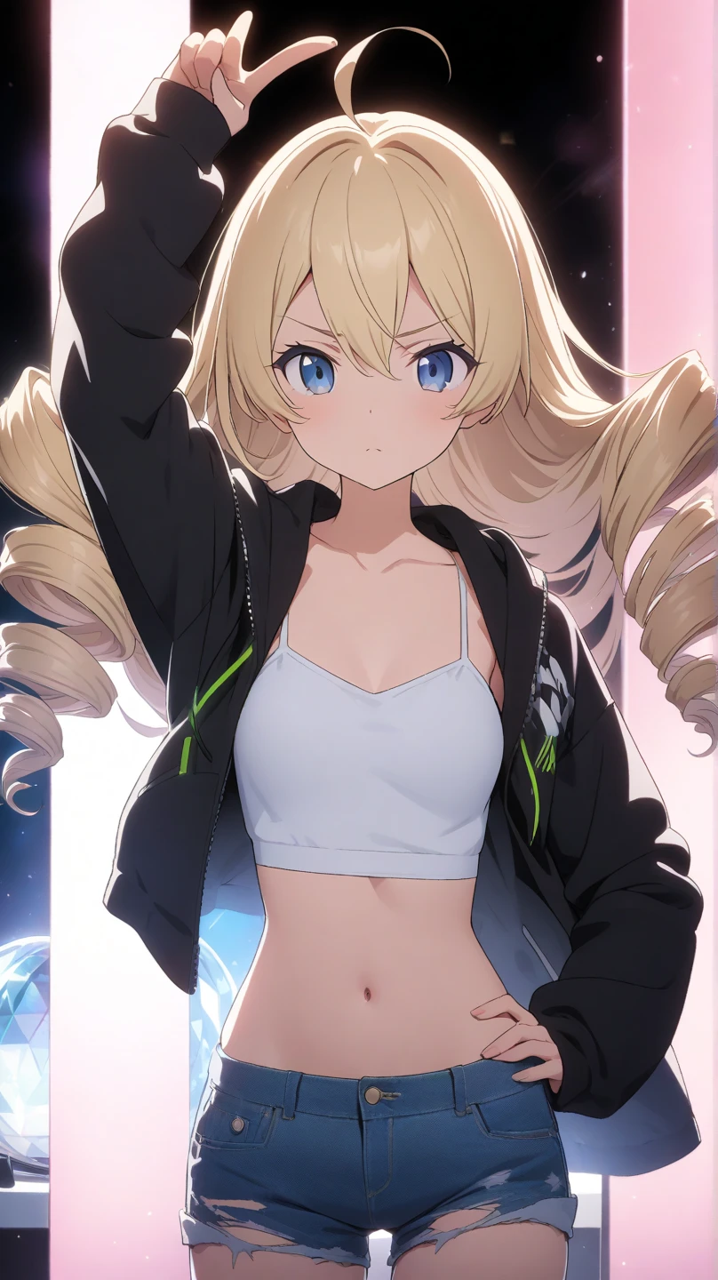 ( score_9, score_8_up, score_7_up ), ultra-detailed, detailed face, Solo, a girl, blonde, long hair, side tail, drill hair, ahoge, blue eyes, slant eyes, narrow eyes, white crop top of camisole, a black open hoodie with sleeves past wrists, denim shorts, torn shorts, Black platform boots, Saturday Night Fever pose, right index finger raised, right arm up, hips twisted to the left pose, left hand on own hip, disco background with mirror ball, anime, illustration, masterpiece, best quality, detailed, mystical atmosphere, pastel academia, soft-edged, soft surface, backlighting, moody lighting, underlighting, sharp shadows, fast shutter speed, 2D Anime, Best Hands, Best Hand, 135mm, F4.0, SONY FE GM, upper body, best hand