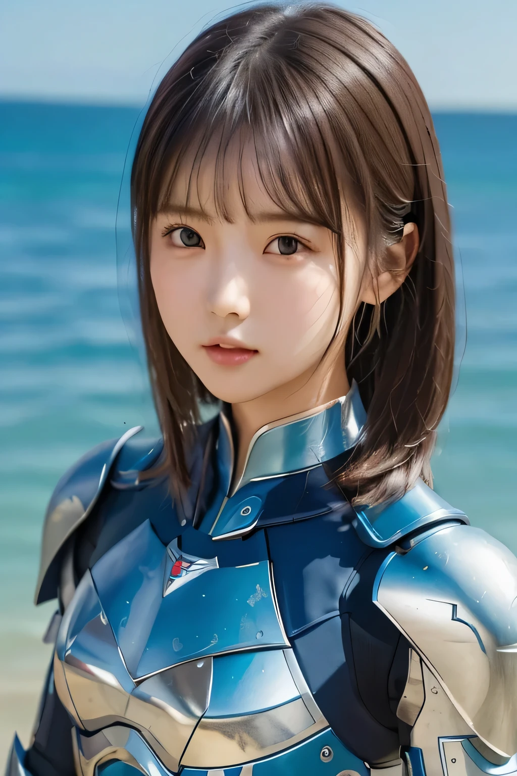 ( emphasis composition with foreground and background)、、(masterpiece、 top quality 、 Super detailed description、 super high res)、(Face Shot:1.3)、 girl 、solo、 slim、 slender、 cute、 idol face、、Blue sky background、machine armour