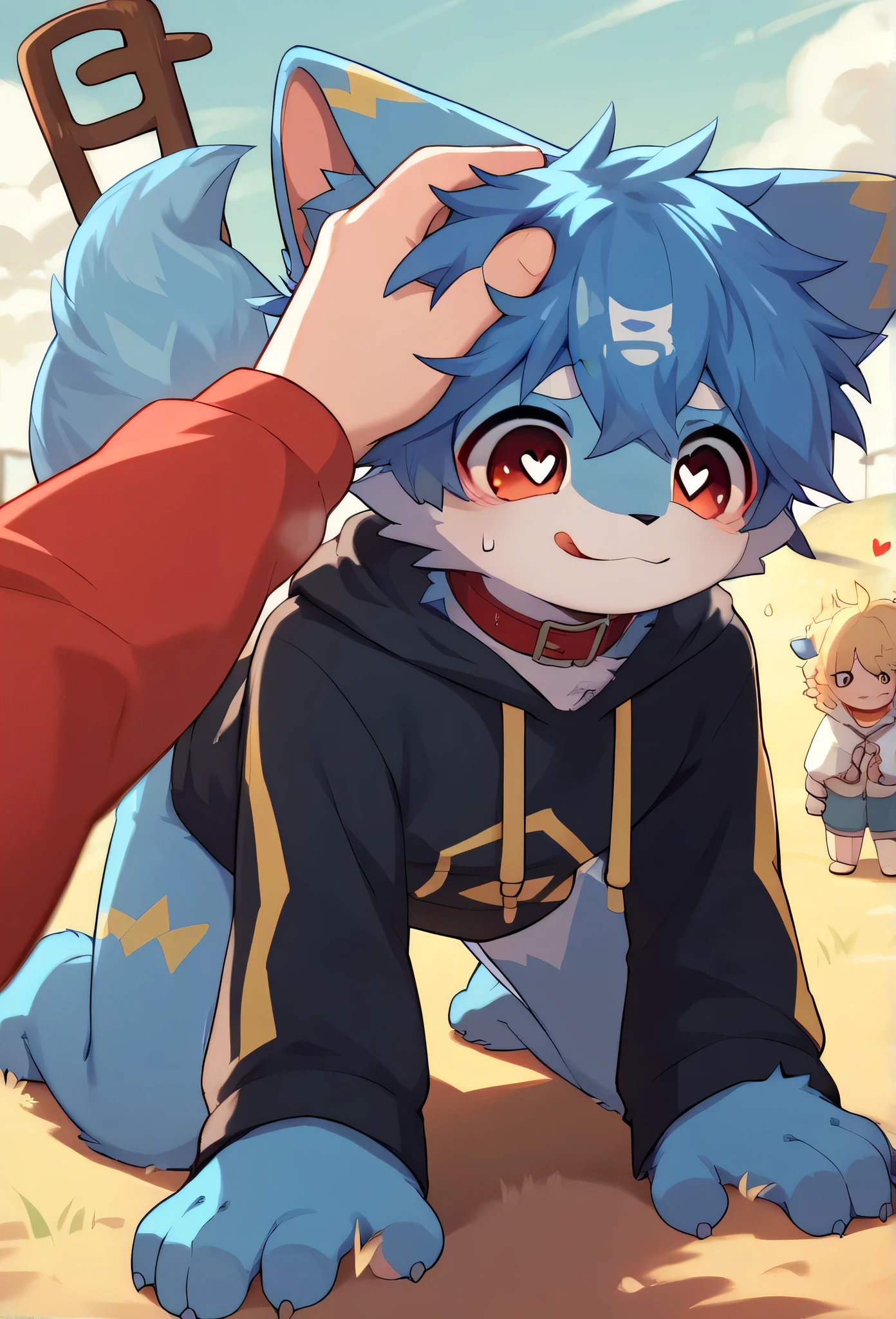   very detailedな,  very detailed,Blue fur,Blue Hair,male,骨を見て excited,Heart Eye,participate,Connect the red collar to the string, cute face, something like fluffy fur , excited,Horny boy, on all fours,smile,Plains,doll,Dropped ears,Plains, my mental age , stick out your tongue,Get a head pat,want,sobbing,sweatdrop,Blue furの黒いショートパンツ,  sweatshirt , Long Sleeve  ,trend,