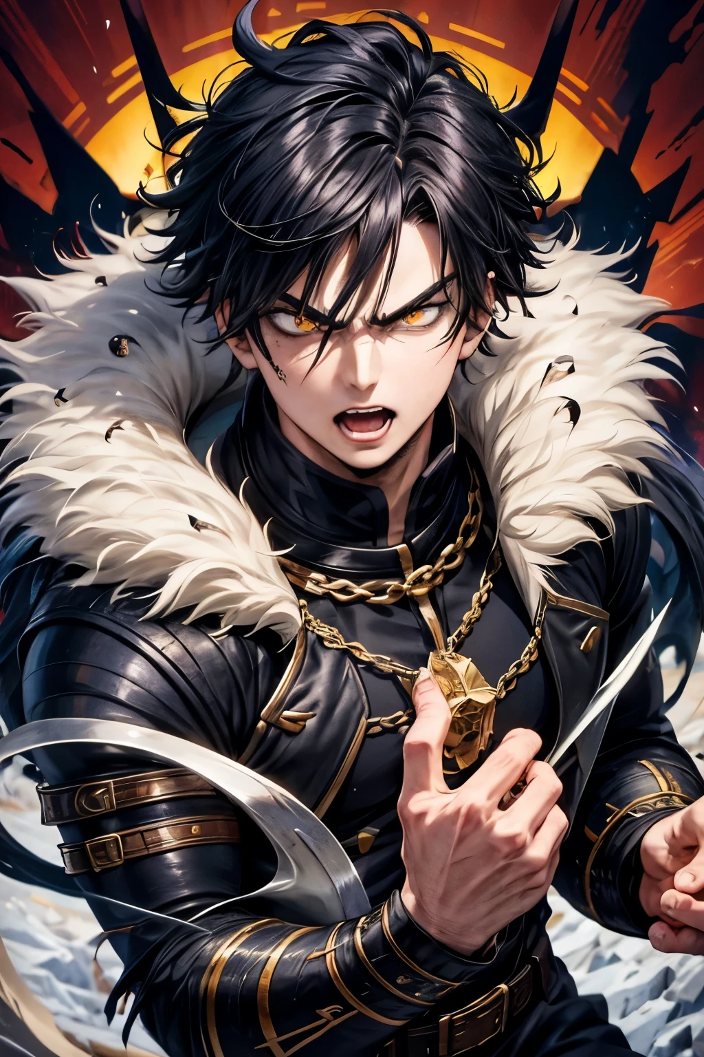 Manhwa European art , 25-year-old man , messy hair from his head , Full black hair , Piercing Eyes, Thick eyebrows, uses a vampire costume, yellow eyes, Pointed ears, His mouth opens , blood flowing from the mouth , threaten, Sexy, Sexy, Pointed chin, Fierce gaze, . The character is cold and mysterious , 8k, Detailed Features, very beautiful